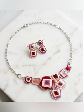 Modernist Geometric Enamel Bib Necklace & Earring Set